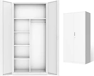 DNA MOTORING Metal Storage Cabinet, 72" Storage Wardrobe with Lock and Hanging Rod, Locking Cabinet Heavy Duty Utility Cabinet with 4 Shelves for Garage,Office,Home,Gym, White, TOOLS-00633-WH-WH