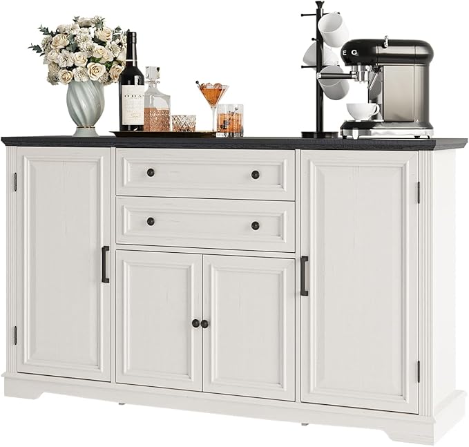 Maupvit Farmhouse 58" Buffet Cabinet with Storage,34" Tall Sideboard Cabinet w/2 Large Drawers&4 Grooved Doors,Wood Rustic Coffee Bar Cabinet for Kitchen,Living Room,White