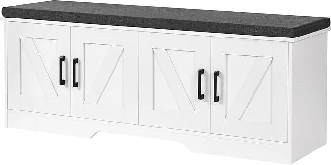 2-Tier Storage Bench, Shoe Bench with Padded Seat Cushion, Entryway Bench with 4 Barn Doors, Adjustable Shelf, 13.8" D x 47.2" W x 17.7" H, for Entryway, Living Room, Bedroom, White