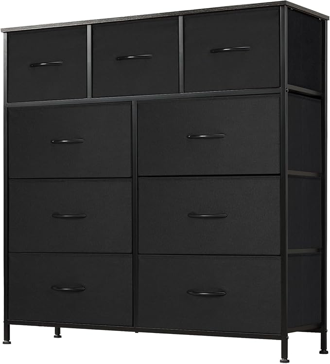 DUMOS Dresser for Bedroom, Storage Drawers, Fabric Storage Tower with 9 Drawers, Chest of Drawers with Fabric Bins, Sturdy Metal Frame, Wood Tabletop for Kids Room, Closet, Entryway, Nursery