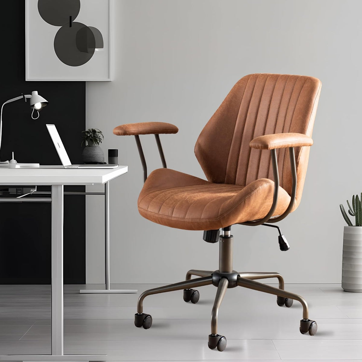 Mid Century Modren Office Chair - Fuax Leather Suede Brown Executive Chairs Ergonomic Mid Back with Lumbar Support, Swivel Computer Desk Task Chair with Wheels for Home Office,350lbs