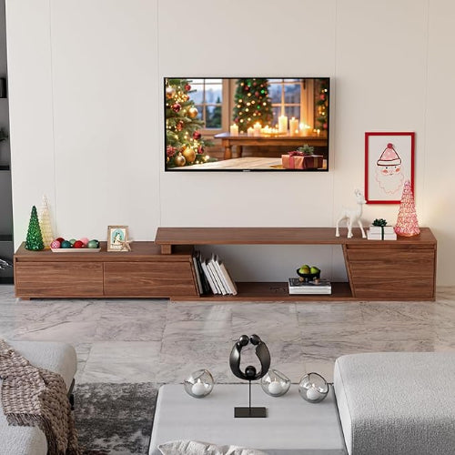 homary Extendable TV Stand with 3 Drawers Minimalist Rectangle Entertainment Center Walnut TV Console Table Up to 110" (Extendable: 70.9”W-110.2”W)