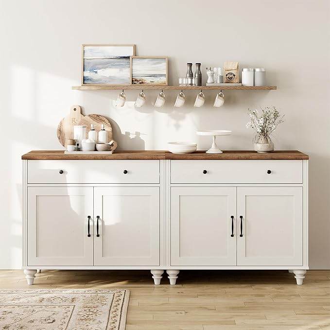 WAMAPT Buffet Cabinet with 4 Doors and 2 Drawers, Large Coffee Bar Tables Wood Kitchen Storage Cabinets with Storage Cabinets, Modern Farmhouse Sideboard Credenza for Dining Room, Off White, 68 inch