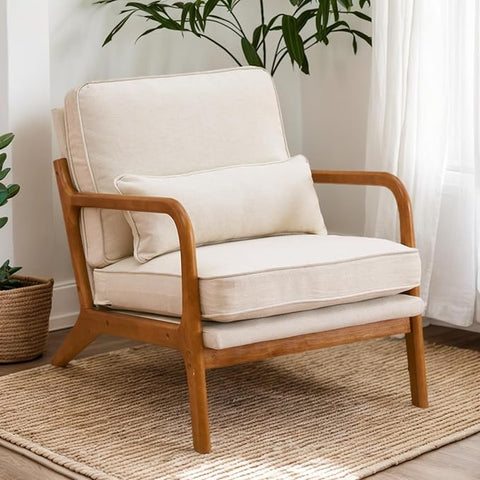 Karl home Accent Chair Mid-Century Modern Chair with Pillow Upholstered Lounge Arm Chair with Solid Wood Frame & Soft Cushion for Living Room, Bedroom, Balcony, Linen Beige (Low Back)