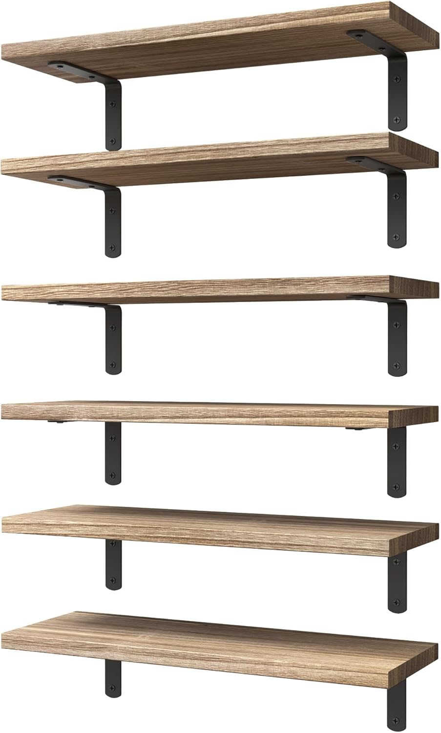 WOPITUES Wood Floating Shelves Set of 6, Shelves for Wall Decor, Farmhouse Shelf for Bedroom, Bathroom Storage Shelves, Book Shelves for Living Room - Rustic Brown