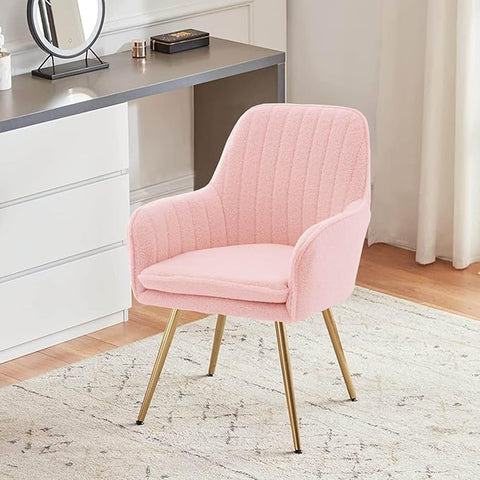 Boucle Accent Chair, Teddy Fabric Home Office Desk Chair No Wheels, Sherpa Furry Modern Dinging Chair, Living Room Bedroom Arm Chair, Girls Vanity Chair, Golden Finished, Pink