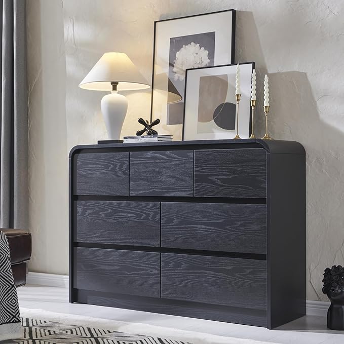 Modern 7 Drawers Dresser for Bedroom, 47" Wide Wood Dressers & Chests of Drawers w/Curved Profile Design, Mid Century Modern Dresser w/Natural Texture for Bedroom, Living Room, Black