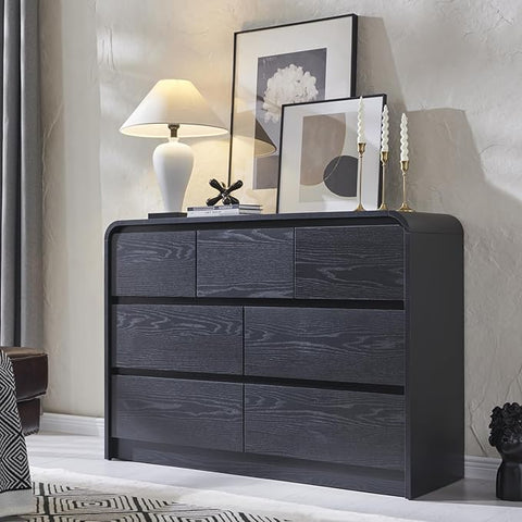 Modern 7 Drawers Dresser for Bedroom, 47" Wide Wood Dressers & Chests of Drawers w/Curved Profile Design, Mid Century Modern Dresser w/Natural Texture for Bedroom, Living Room, Black