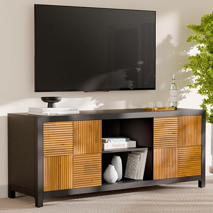 Bme Solid Wood Fluted TV Stand, Fully Assembled TV Media Console, Craft to Last Entertainment Center with Soft Close Door & Adjustable Storage Space, Spacious & Unique Entertainment Stand