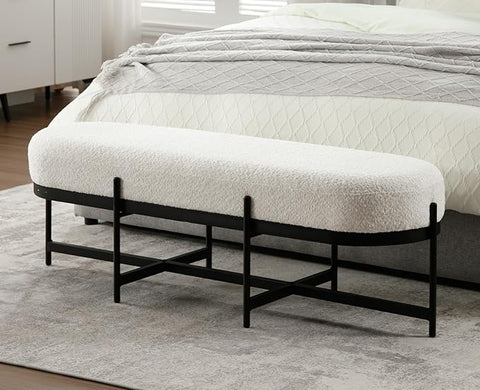 Guyou 55" Modern White Sherpa End of Bed Bench, Upholstered Long Bench for Bedroom with Comfy Cushion, Entryway Bench with Black Metal Frame, Ottoman Bench for Living Room Foyer Indoor