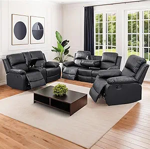 Manual Leather Recliner Sofa Set 3-Piece Elegant Couch for Living Room Furniture contain Sofa, Chair and Loveseat with Cup Holder Storage Console and Reversible Table for House/Office/Apartment, Black