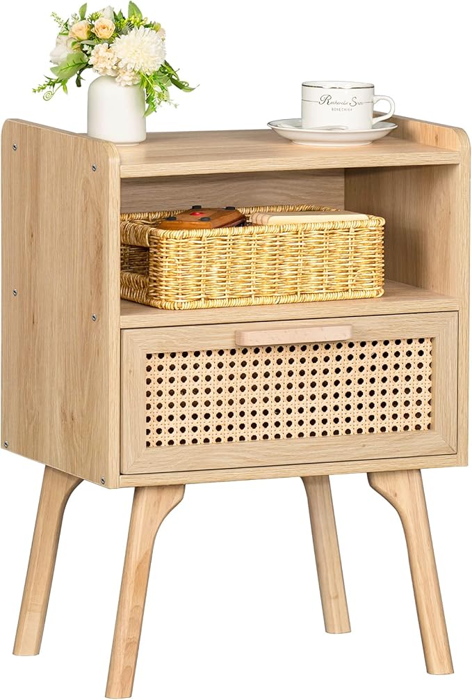 Lerliuo Rattan Nightstand, Boho Side Table with Drawer Open Shelf, Cane Accent Bedside End Table with Solid Wood Legs for Bedroom, Dorm and Small Spaces (Natural)