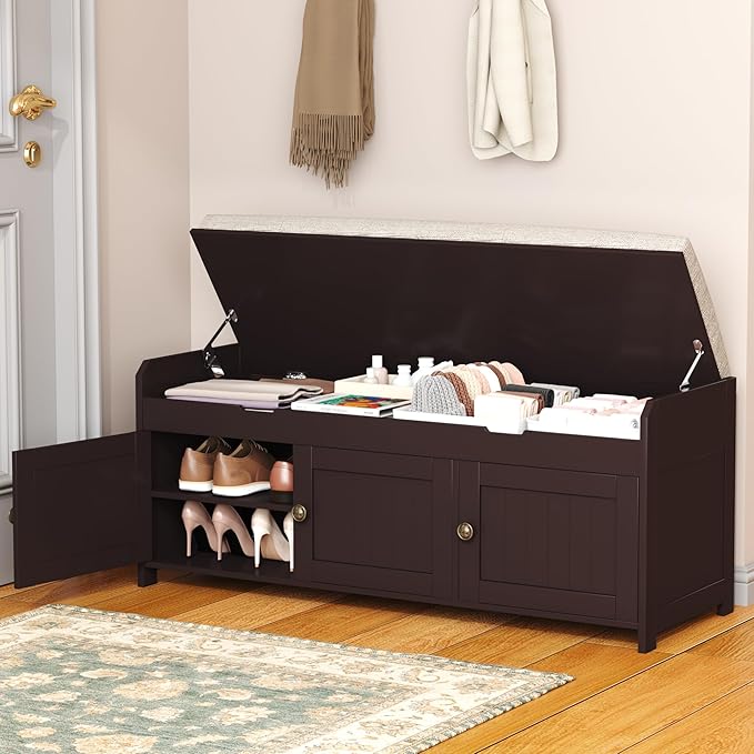 HOMEFORT 41.3" Shoe Bench with Lift Top Storage, Entryway Storage Bench with Cushioned Seat, Wooden End of Bed Bench, Shoe Cabinet Bench with Hidden Storage Space, for Bedroom, Hallway(Espresso)