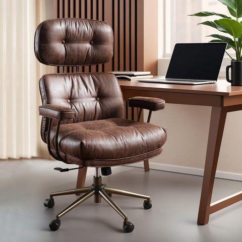 ovios Ergonomic Home Office Chair, Mid-Century Modern Leather Chair with Lumbar Support, High Back Swivel Rolling Executive Chair with Comfy Thick Cushion (Dark Brown, Suede Leather)