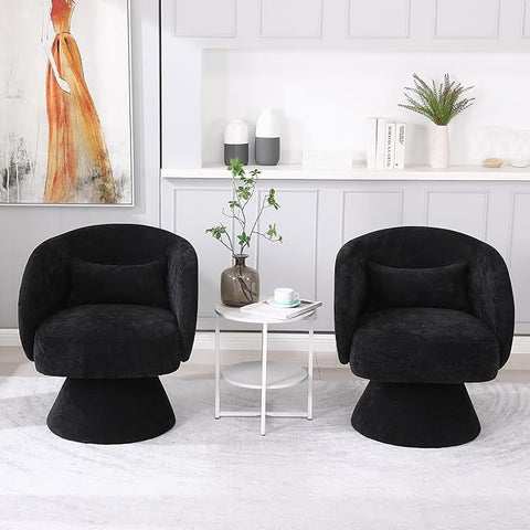 Swivel Accent Chairs Set of 2, Comfy Upholstered Armchair with Soft Pillow, Round Barrel Chair for Living Room, Bedroom, Office, Black Linen