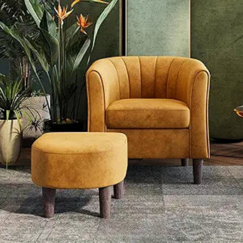 LINSY Velvet Accent Chair, Barrel Chair with Ottoman, Modern Comfy Reading Chair Armchair for Living Room Study Room Office, Yellow