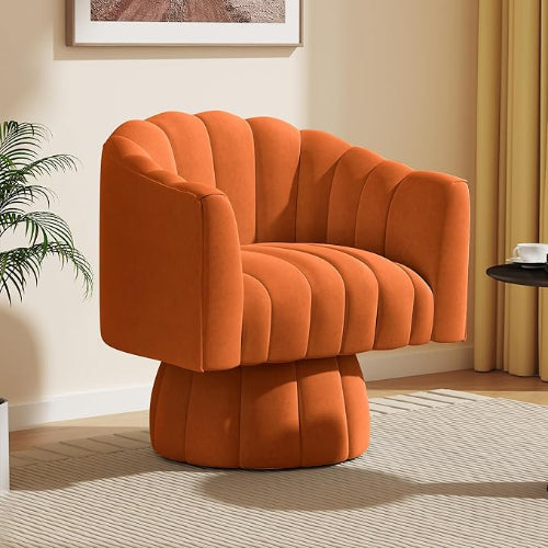 Accent Chair Mid Century 360 Degree Swivel Chair,Modern Lounge Sofa Round Barrel Chair with Wide Upholstered,Fluffy Velvet Fabric Chairs for Home Sofa Living Room/Bedroom/Waiting Room (Orange)