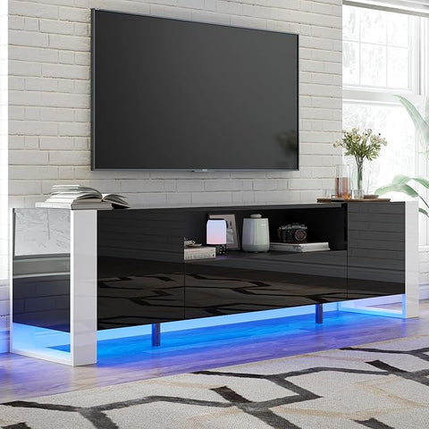 VanAcc 70" High Gloss TV Stand with Storage for Living Room, LED Entertainment Center for Bedroom, Wood U-Shaped Legs TV Cabinet for 80 Inch TV,Black