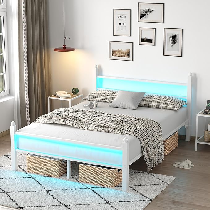 Full Bed Frame with Headboard and Footboard,Heavy Duty Steel Slats Support Metal Bed Frame with Charging Station,White