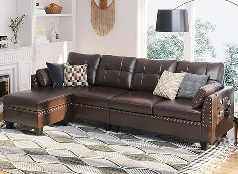 HONBAY Faux Leather Sectional Sofa Couch Reversible L Shaped Couch Sofa 4 Seat Sofa Sectional Couch for Small Apartment