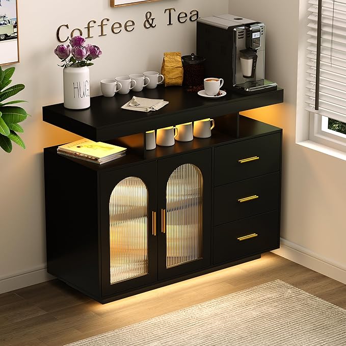 HWB RGB LED Coffee Bar Cabinet Kitchen Storage Cabinet & Sideboard Buffet Cabinets - Wood Coffee Bar Table with Shelf Capacity for Dinning Room/Living Room/Kitchen(Black)