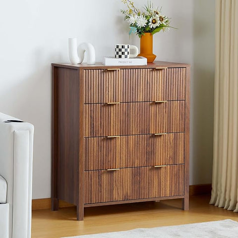 4 Drawer Dressers for Bedroom, Modern Closet Chest of Drawers with Waveform Fluted Panel, Large Wood Storage Dresser Organizer for Nursery Bedroom Living Room Hallway Closet, Walnut