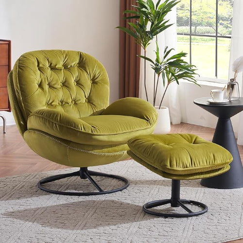 ELUCHANG Swivel Accent Chair with Ottoman Set, Velvet Reading Chair with Footrest, Modern 360-Degree Swiveling Metal Base Armchair, Comfy Lounge Chair for Bedroom, Living Room, Home Office, Green