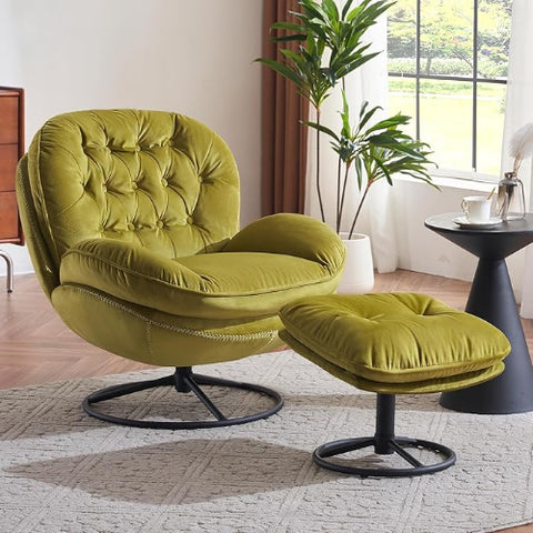 ELUCHANG Swivel Accent Chair with Ottoman Set, Velvet Reading Chair with Footrest, Modern 360-Degree Swiveling Metal Base Armchair, Comfy Lounge Chair for Bedroom, Living Room, Home Office, Green