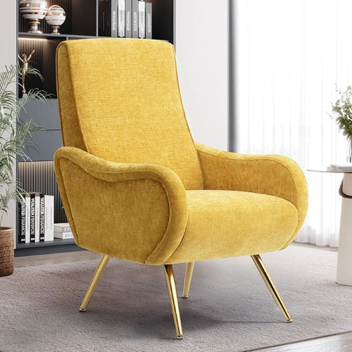 ELUCHANG Oversized Accent Chair, High Back Modern Arm Chair with Thick Cushion & Golden Metal Legs, Leisure Chair Comfy Side Corner Chair for Living Room, Bedroom, Small Space, Yellow, Chenille