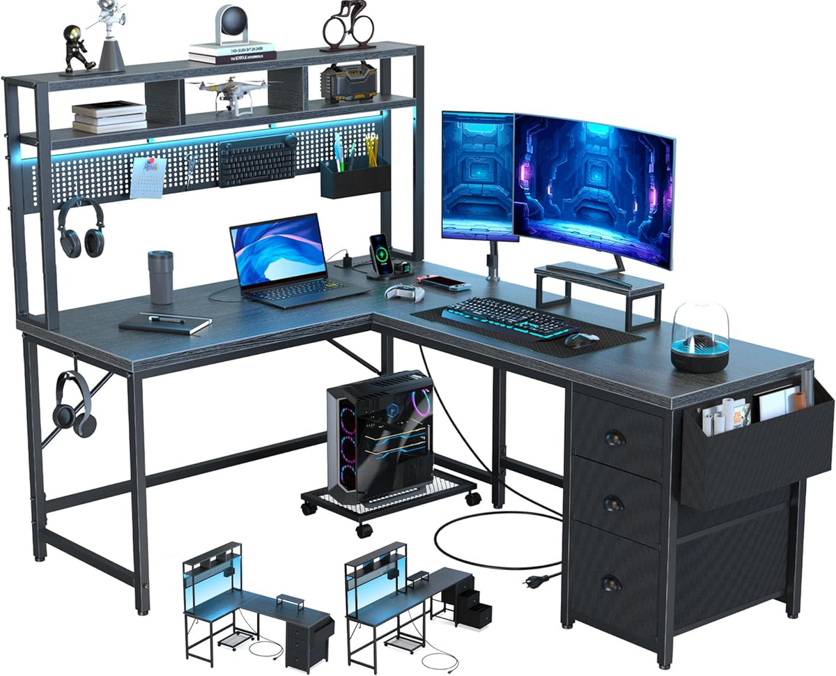 Gaming Desk Computer Desk with Pegboard & Shelves Large L Shaped Desk with Drawers, Gaming Desk with Power Outlet & LED & Monitor Stand & Mobile CPU Stand, Corner Deck for Home Office Black