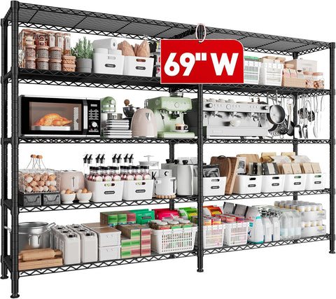 REIBII 69" W Storage Shelves Heavy Duty Load 1600LB,Garage Shelving 5-Tier Wire Shelving Unit Metal Shelves for Storage Adjustable Shelving Rack for Pantry Kitchen Bathroom 69" Wx15.75 Dx72.5 H