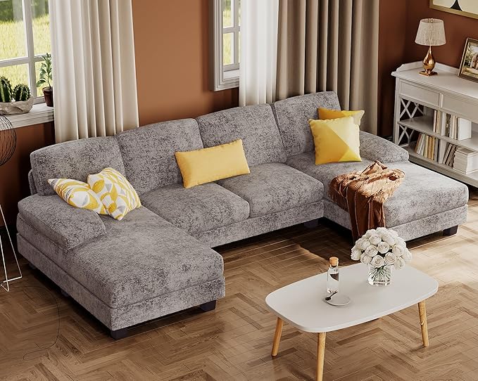 Furmax Sectional Couches for Living Room, U-Shaped Sofa Couch with Linen Fabric, 4 Seat Sofa Set with Double Chaise for Apartment