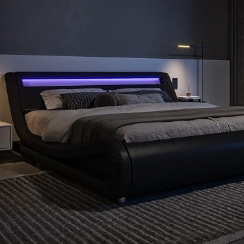 Allewie Queen Size LED Platform Bed Frame with Adjustable Headboard/No Box Spring Need/Easy Assembly/Faux Leather in Black