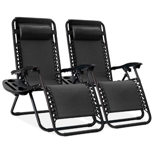 Best Choice Products Set of 2 Adjustable Steel Mesh Zero Gravity Lounge Chair Recliners w/Pillows and Cup Holder Trays - Black