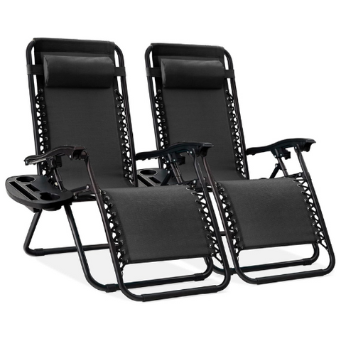 Best Choice Products Set of 2 Adjustable Steel Mesh Zero Gravity Lounge Chair Recliners w/Pillows and Cup Holder Trays - Black