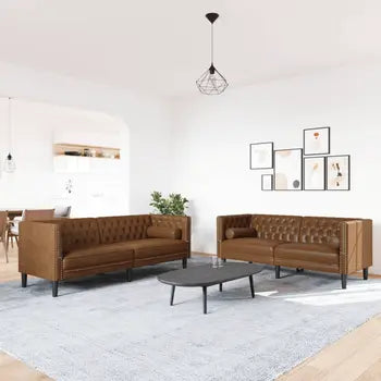 Chesterfield 2 Piece Sofa Set With Brown Bolsters Faux Suede Leather