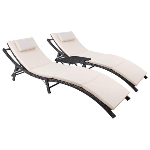 Devoko Patio Chaise Lounge Sets Outdoor Rattan Adjustable Back 3 Pieces Cushioned Patio Folding Chaise Lounge with Folding Table (Beige)