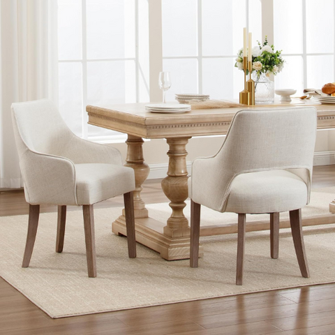 Farmhouse Dining Chairs Set of 2 Linen Kitchen Chairs with Arm Upholstered Accent Side Chair w/Wood Legs for Living Room/Dining Room/Bedroom/Restaurant, Cream