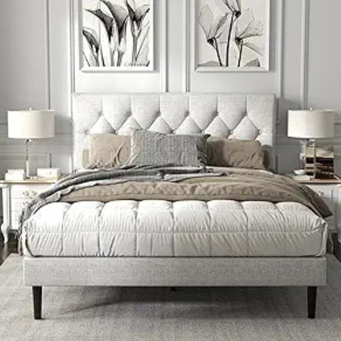 Full Size Platform Bed Frame with Upholstered Button Tufted Headboard, Mattress Foundation with Wooden Slat Support, Noise Free, No Box Spring Needed, Easy Assembly, Light Grey