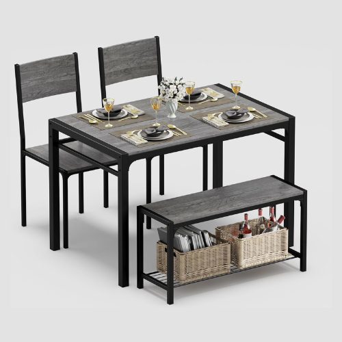 JUMMICO 43.3" Dining Table Set for 4, Kitchen Table with Bench & 2 Chairs Modern Rectangular Metal Frame Dining Furniture Set for Small Space (Grey)
