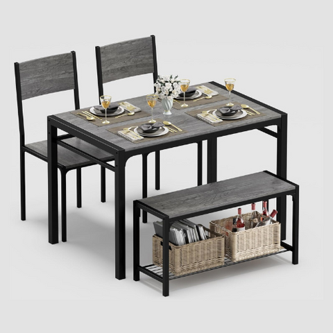JUMMICO 43.3" Dining Table Set for 4, Kitchen Table with Bench & 2 Chairs Modern Rectangular Metal Frame Dining Furniture Set for Small Space (Grey)