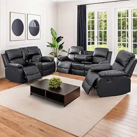 Manual Leather Recliner Sofa Set 3-Piece Elegant Couch for Living Room Furniture contain Sofa, Chair and Loveseat with Cup Holder Storage Console and Reversible Table for House/Office/Apartment, Black