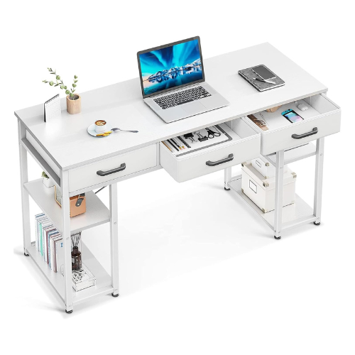 ODK Office Small Computer Desk: Home Table with Fabric Drawers & Storage Shelves, Modern Writing Desk, White, 48"x16"