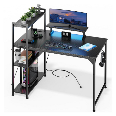 OMICON Computer Desk with LED Light, 42-55 Inch Gaming Desk with Reversible Storage Shelves, Office Desk with Power Outlets Corner Desk for Home Office, Small Space Desk Black Carbon Fiber (42)