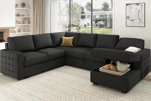Sectional U-Shape Sleeper Dark Grey Sofa with Pull Out Bed