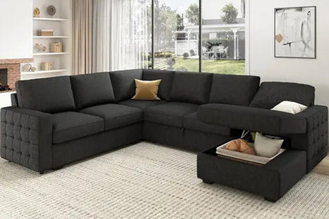 Sectional U-Shape Sleeper Dark Grey Sofa with Pull Out Bed