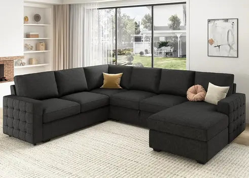 Sectional Sleeper Dark Grey Sofa with Pull Out Bed, Reversible & U Shape Sectional Sleeper Couch with Storage Chaise
