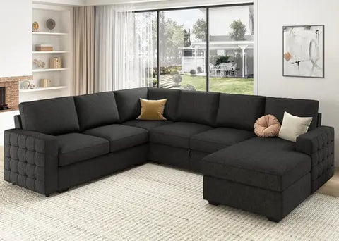 Sectional Sleeper Dark Grey Sofa with Pull Out Bed, Reversible & U Shape Sectional Sleeper Couch with Storage Chaise