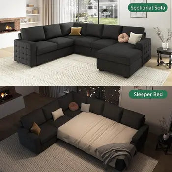 Sectional Sleeper Dark Grey Sofa with Pull Out Bed, Reversible & U Shape Sectional Sleeper Couch with Storage Chaise