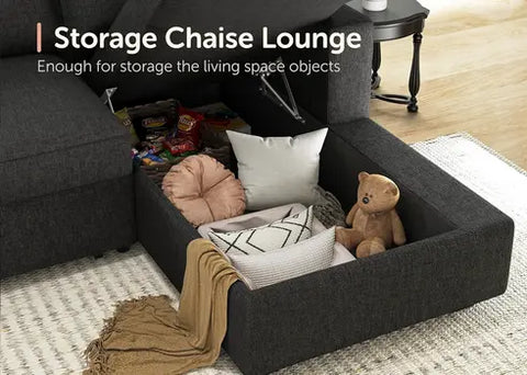 Sectional Sleeper Dark Grey Sofa with Pull Out Bed, Reversible & U Shape Sectional Sleeper Couch with Storage Chaise